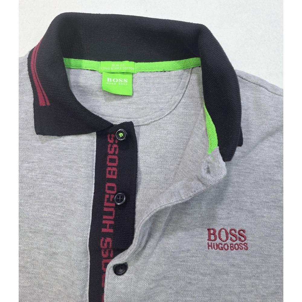 Hugo Boss Polo Shirt Mens L Grey Green Tag Slim Fit Long Staple Cotton